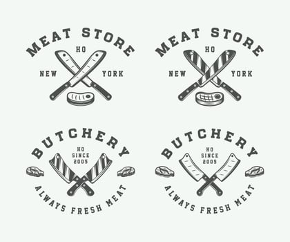 Set of vintage butchery meat, steak or bbq logos, emblems, badges, labels. Monochrome Graphic Art. Vector Illustration.