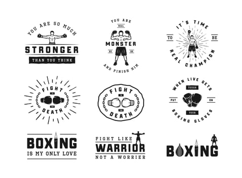 Boxing and martial arts logo badges and labels in vintage style. Motivational posters with inspirational quotes. Vector