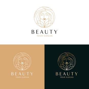 Beauty and cosmetics logo design. Beautiful woman face and lotus flower vector logotype. Feminine floral logo template.