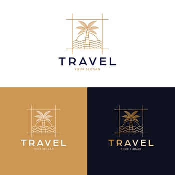 Travel logo design. Palm and sunset vector logotype. Tropical vacation logo template.