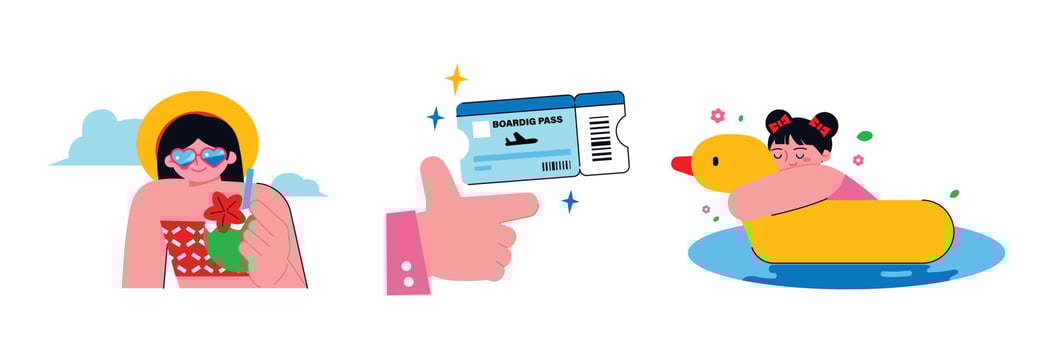 People enjoying summer. Girl drinking coconut drink, boarding pass for plane, girl riding duck tube. vector