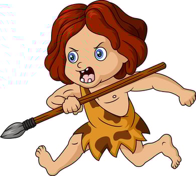 Cute cave girl cartoon hunting with spear vector