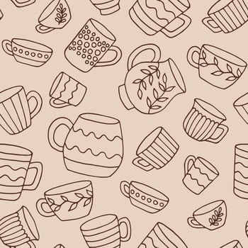 Seamless pattern with cup mug. Cup in doodle style. Hand drawn vector illustration.