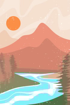 Abstract contemporary aesthetic background with seascape, mountains, Sun, sea. Earth tones, terracotta pastel colors. Boho wall decor. Mid century modern minimalist art print. Organic shapes. vector