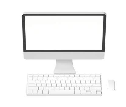 3d computer display with blank screen mockup. desktop PC with keyboard and mouse. isolated on transparent background png
