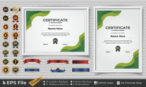 Template Certificate Design Bundle with Ribbons, Golden Badges, and frame mockups for appreciation, award, completion, diploma. CMYK Color A4 Format vector