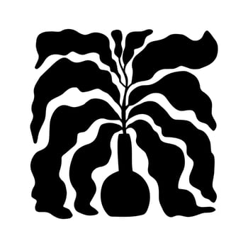 Matisse inspired element vase with abstract floral plant. Black contemporary botanical minimalist pottery. Modern vase with leaves. Antique, ancient ceramics. Hand drawn isolated vector illustration