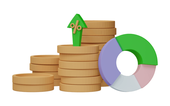 3D render. Business infographic with coinstack and statistic bars chart isolated on transparent background. Financial line graphs and charts for presentation and finance report. png