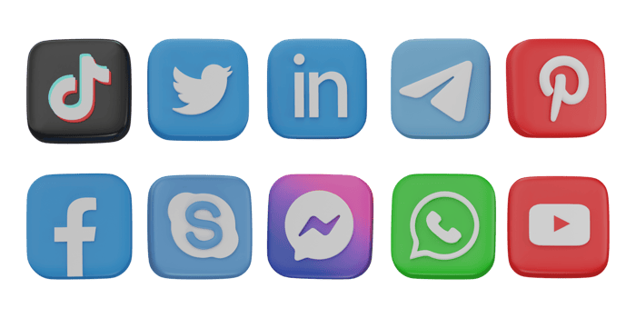 Social media icons on transparent background. Instagram, Facebook, Messenger, Twitter, TikTok, Whatsapp, Youtube, logo set. 3D editorial illustration. png