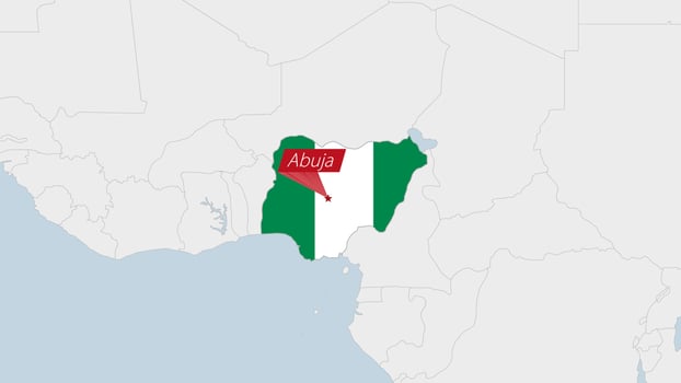 Nigeria map highlighted in Nigeria flag colors and pin of country capital Abuja. vector