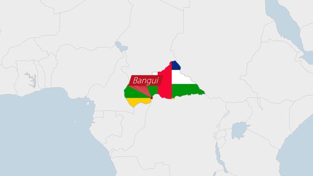 Central African Republic map highlighted in CAR flag colors and pin of country capital Bangui. vector