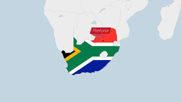 South Africa map highlighted in South Africa flag colors and pin of country capital Pretoria. vector