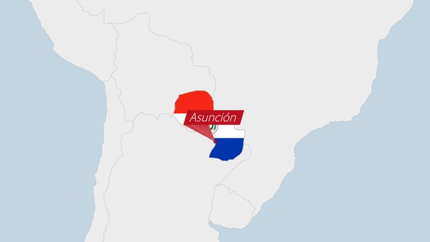Paraguay map highlighted in Paraguay flag colors and pin of country capital Asuncion. vector