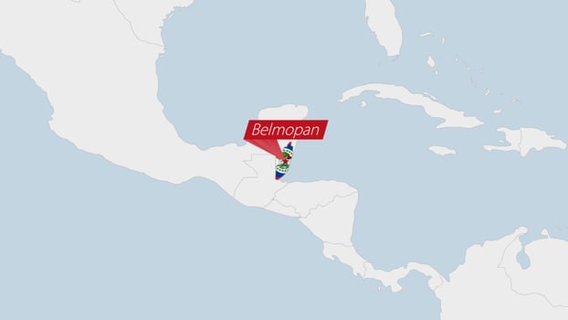 Belize map highlighted in Belize flag colors and pin of country capital Belmopan. vector