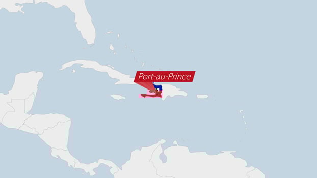 Haiti map highlighted in Haiti flag colors and pin of country capital Port-au-Prince. vector