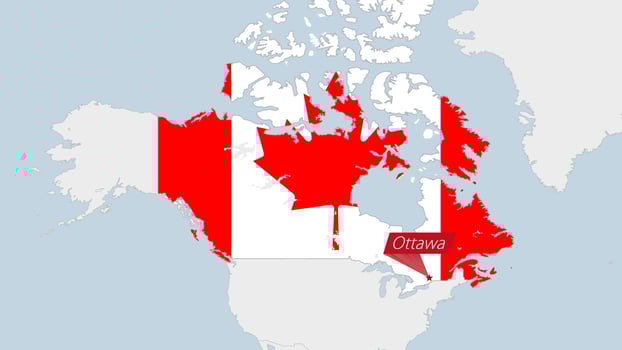 Canada map highlighted in Canada flag colors and pin of country capital Ottawa. vector