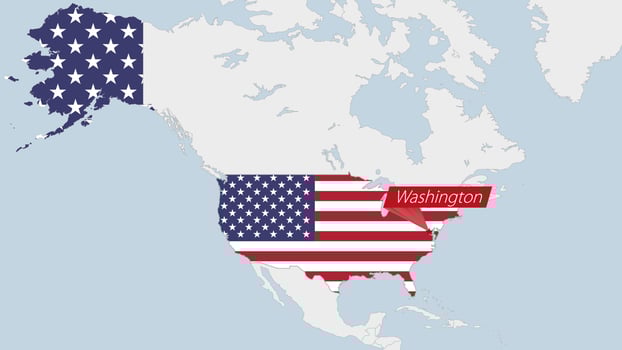 USA map highlighted in United States flag colors and pin of country capital Washington. vector