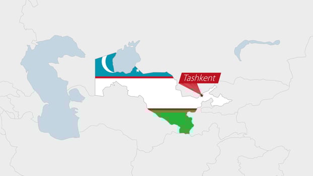 Uzbekistan map highlighted in Uzbekistan flag colors and pin of country capital Tashkent. vector