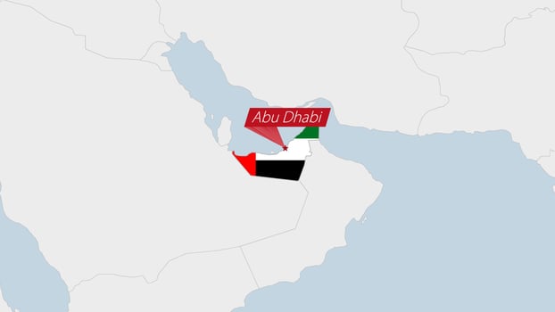 United Arab Emirates map highlighted in UAE flag colors and pin of country capital Abu Dhabi. vector