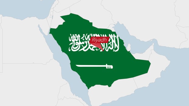 Saudi Arabia map highlighted in Saudi Arabia flag colors and pin of country capital Riyadh. vector