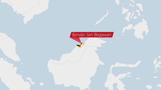 Brunei map highlighted in Brunei flag colors and pin of country capital Bandar Seri Begawan. vector