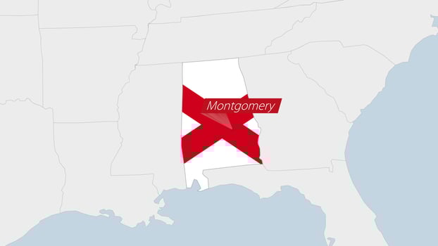 US State Alabama map highlighted in Alabama flag colors and pin of country capital Montgomery. vector