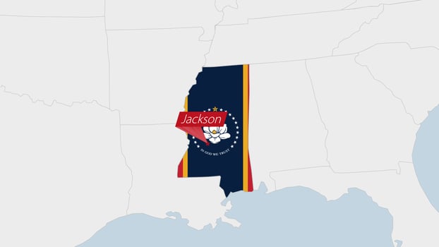 US State Mississippi map highlighted in Mississippi flag colors and pin of country capital Jackson. vector