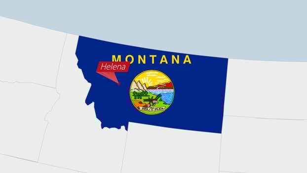 US State Montana map highlighted in Montana flag colors and pin of country capital Helena. vector