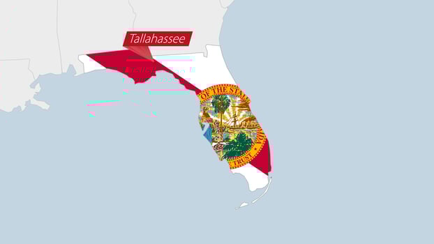 US State Florida map highlighted in Florida flag colors and pin of country capital Tallahassee. vector