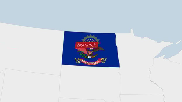 US State North Dakota map highlighted in North Dakota flag colors and pin of country capital Bismarck. vector