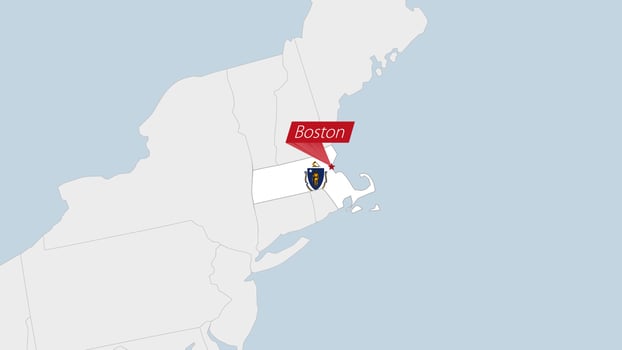 US State Massachusetts map highlighted in Massachusetts flag colors and pin of country capital Boston. vector