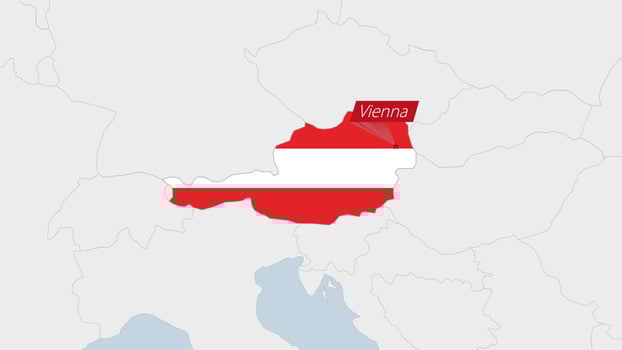 Austria map highlighted in Austria flag colors and pin of country capital Vienna. vector