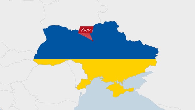 Ukraine map highlighted in Ukraine flag colors and pin of country capital Kyiv. vector