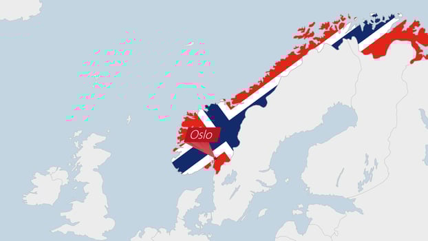 Norway map highlighted in Norway flag colors and pin of country capital Oslo. vector