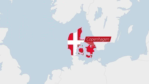 Denmark map highlighted in Denmark flag colors and pin of country capital Copenhagen. vector