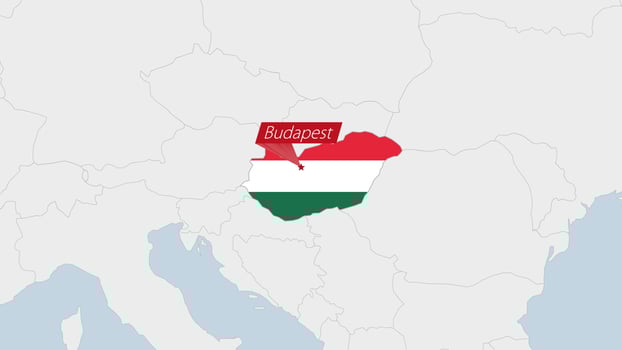 Hungary map highlighted in Hungary flag colors and pin of country capital Budapest. vector