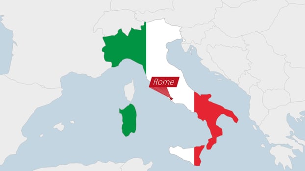 Italy map highlighted in Italy flag colors and pin of country capital Rome. vector