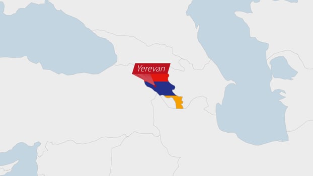 Armenia map highlighted in Armenia flag colors and pin of country capital Yerevan. vector