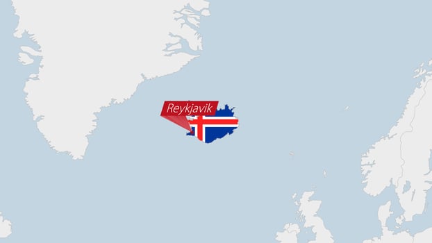 Iceland map highlighted in Iceland flag colors and pin of country capital Reykjavik. vector