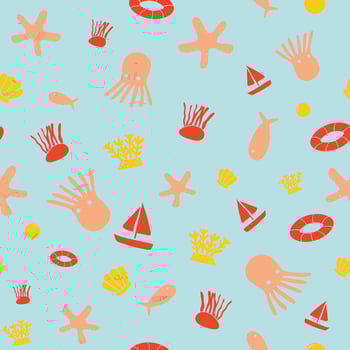 pattern in Summer time at the sea theme with squid,fish,sailboat,starfish,bubble,coral,shell,calm,swim tube and seaweed in red,orange,yellow and light blue background element, Vector