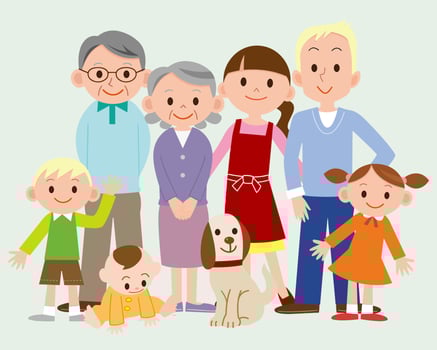 Cartoon family illustration. Parents with children, grandparents and dog. vector