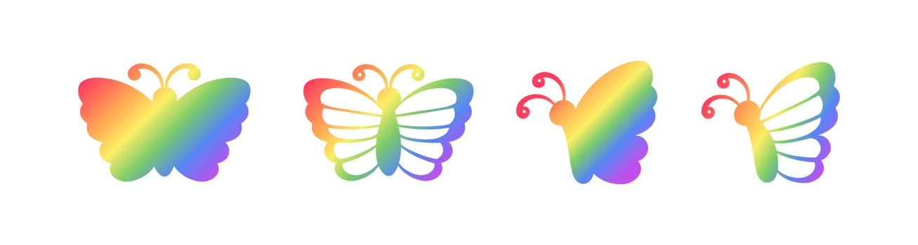 Cute Rainbow Butterfly Icon Silhouette Set. Spring Summer Pride Month Design Element. vector