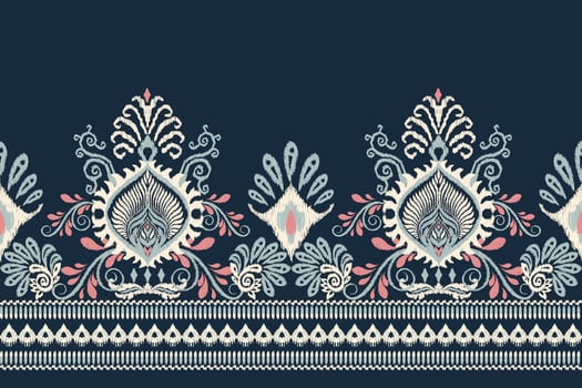 Ikat floral paisley embroidery on navy blue background.Ikat ethnic oriental pattern traditional.Aztec style abstract vector illustration.design for texture,fabric,clothing,wrapping,decoration,sarong.
