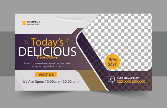 Restaurant food menu social media marketing web banner design. Pizza, burger or hamburger online sale promotion video thumbnail. Fast food website background. Food flyer with logo and business icon vector