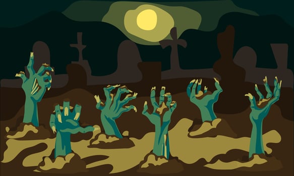 Halloween background with zombie hands coming out of the ground in the cemetery. Hands from the ground against the background of the cemetery and the shining moon. Banner, flyer for the party vector
