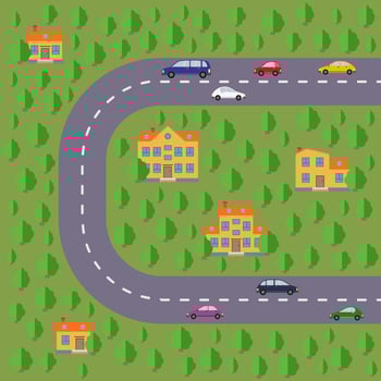 Plan of village. Landscape with the road, green forest, cars and houses. Vector illustration