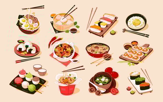 Asian food set. Asian cuisine with various dishes. Vector flat illustration
