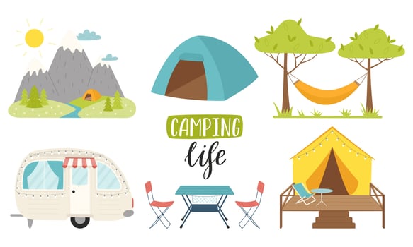 Mountain landscape with tent, camping trailer, hammock, tent, furniture. Hand lettering - Camping life. Hiking, glamping, traveling, recreation on nature. Flat color vector illustration on white.