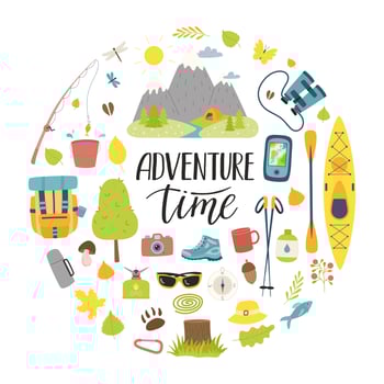 A set of tourist equipment for camping, traveling, picnic, fishing. Lettering adventure time. Round composition as a print on clothes, postcards, web. Flat vector illustrations isolated on white.
