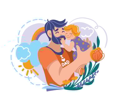 Happy father holding a child in his arms. Father's day greeting card. Vector illustration.
